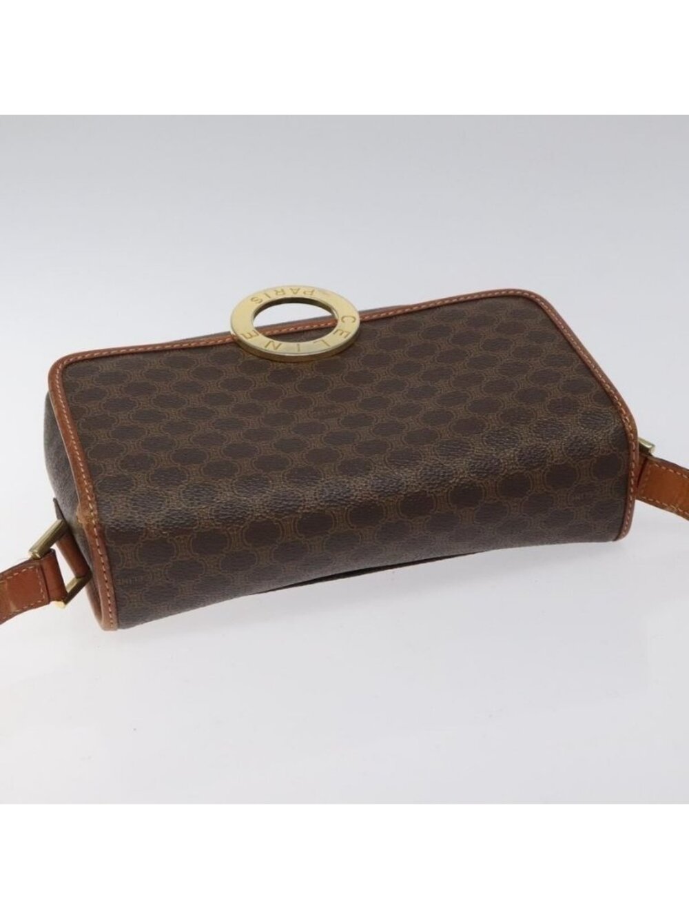 Authentic CELINE Macadam Canvas Circle Shoulder Bag PVC Leather Brown Gold - Picture 13 of 16